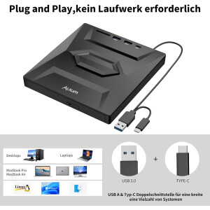Alxum Externes CD DVD Laufwerk für Laptop,USB 3.0 Type C CD Laufwerk extern USB mit SD/TF Kartenleser und USB Anschlüsse / 12 Monate Garantie